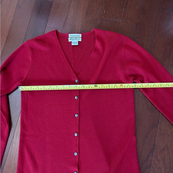 VTG 90s Eddie Bauer Womens M red Fine Italian Merino Wool Long Cardigan Sweater - Picture 8 of 11